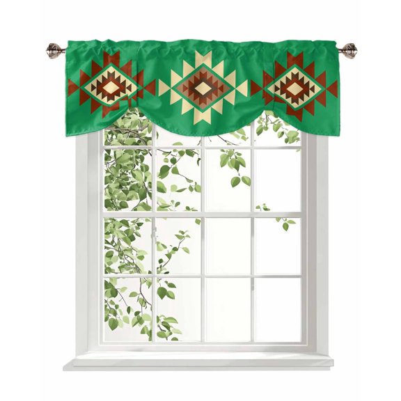 Triangle Combination Pattern Tie Up Valances Curtain, Adjustable Kitchen Yellow Brown Green Retro Decor Valances for Windows Decor, Rod Pocket Short Curtains Set for Bedroom/Bathroom, 42"x12"