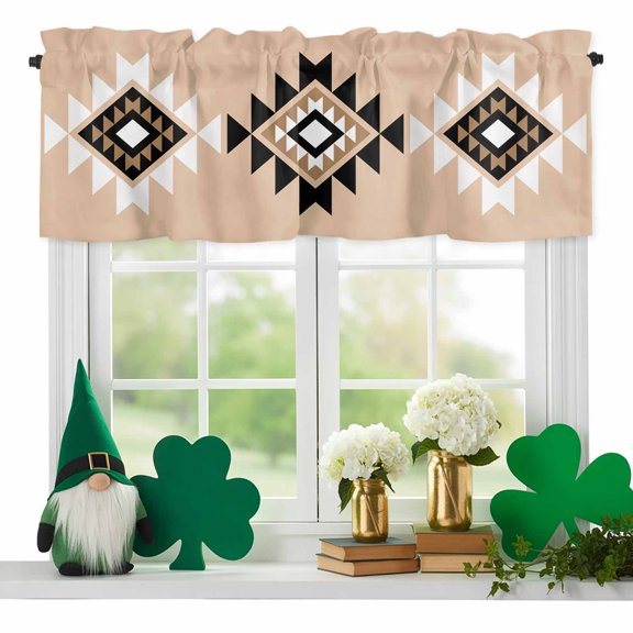 Triangle Combination Pattern Valances for Windows, Black White Brown Retro Decor Rod Pocket Valance Short Window Treatments Curtains for Kitchen Bathroom Bedroom Decor, 42 x 18 Inches