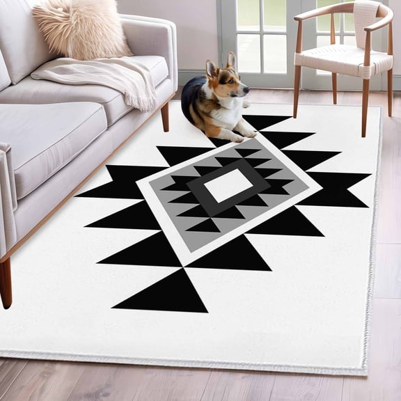 Triangle Combination Pattern Washable Area Rugs 4'x6', Black Grey White Retro Decor Low Pile Throw Living Room Rug Non-Slip Sturdy Edge Binding Carpet for Indoor Entryway Bedside Kitchen
