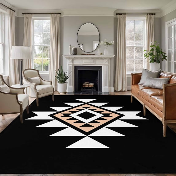 Triangle Combination Pattern Washable Living Room Rugs 5'x8', White Brown Black Retro Decor Low Pile Throw Large Area Rug Non-Slip Sturdy Edge Binding Carpet for Living Room Kitchen Office