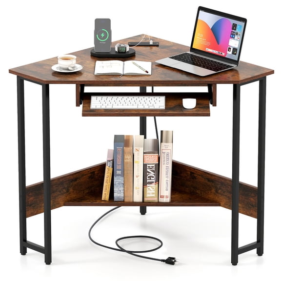 Triangle Computer Desk with Charging Station & Keyboard Tray, Corner Desk, Writing desk for Small SpacesRustic Brown