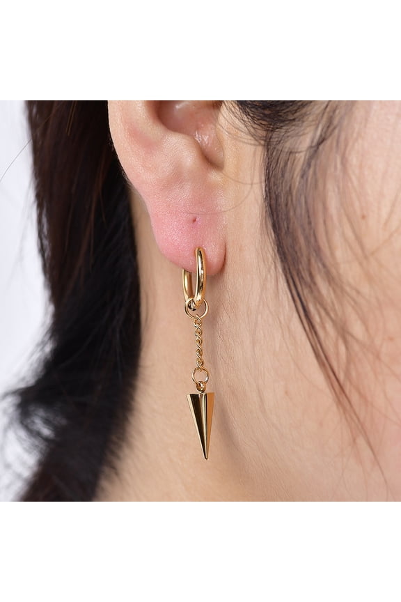 Triangle Cone Spike Long Chain Earring 14K White Gold Double Connected Chains Huggie Hoops Earring Mens Jewelry