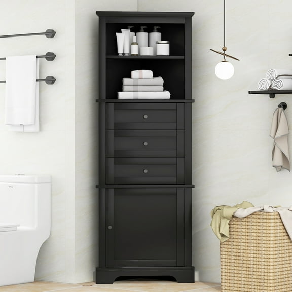 Triangle Corner Cabinet, Tall Storage with 3 Drawers & Adjustable Shelves, Water-Resistant MDF for Bathroom, Kitchen, Living Room, Black