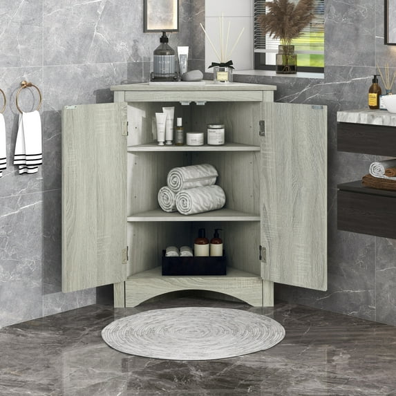 Triangle Corner Cabinet with Adjustable Shelves, Freestanding Storage Cabinet for Bathroom, Kitchen, Living Room, MDF Floor Organizer with Door
