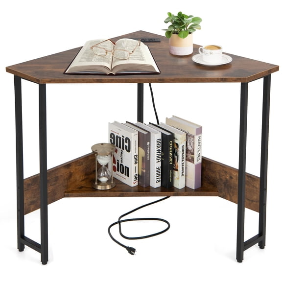 Modern Corner Desk with USB Ports and Power Socket, Space-Saving Triangular Design for Bedroom or Dorm, Study Workstation with Storage Shelf, Steel Frame, Brown