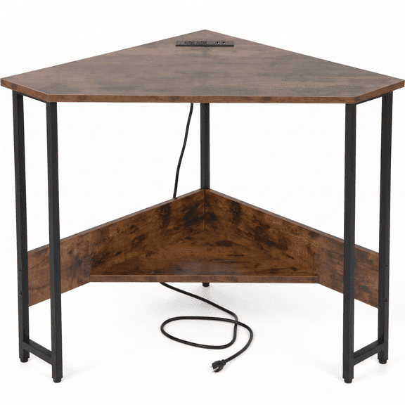 Triangle Corner Computer Desk with Charging Station, 2 Power Outlets & 2 USB Ports, Home Office Writing Table for Small Spaces, Includes Storage Shelf, Brown
