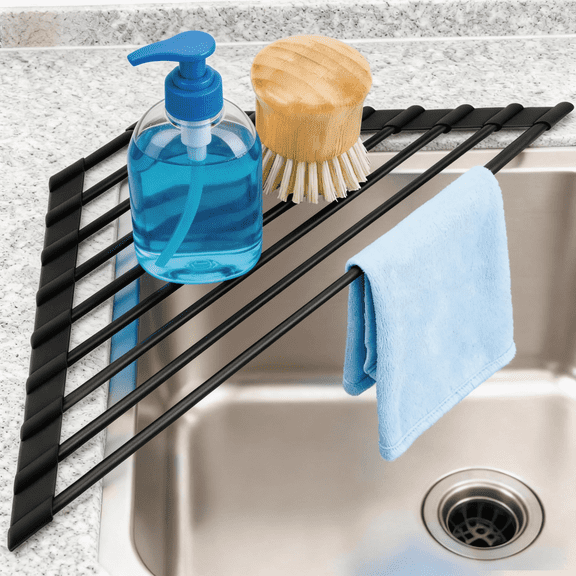 Triangle Roll Up Dish Drying Rack Over Sink - Anti-Rust Silicone Corner Drying Rack, Space Saving Kitchen Sink Organizer for Sponge & Soap (Black)