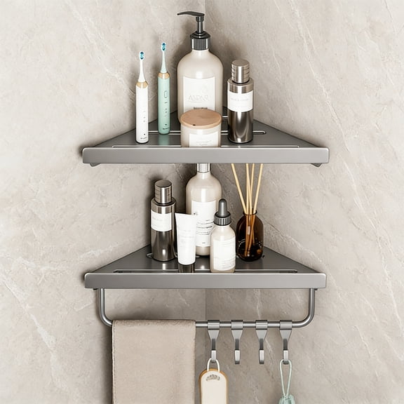Triangle Corner Shelf for Kitchen & Bathroom - Space Saving Floating Shelves for Wall, Stainless Steel Bathroom Shelves with Hooks, Drain Shower Rack