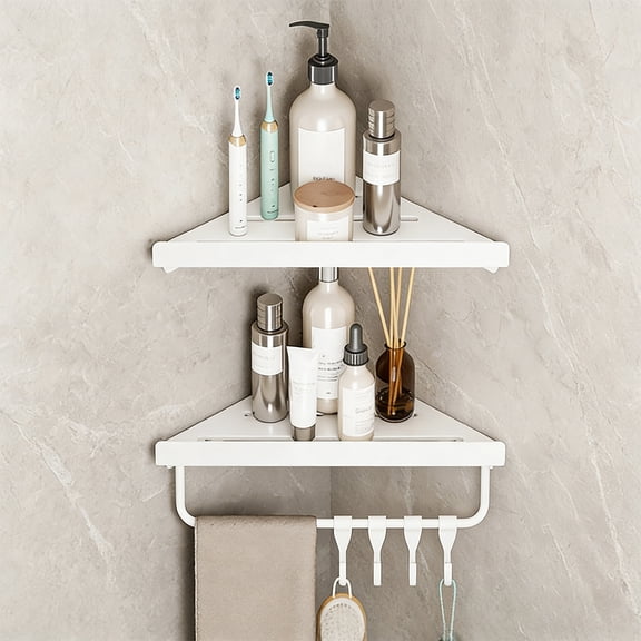 Triangle Corner Shelf for Kitchen & Bathroom - Space Saving Floating Shelves for Wall, Stainless Steel Bathroom Shelves with Hooks, Drain Shower Rack