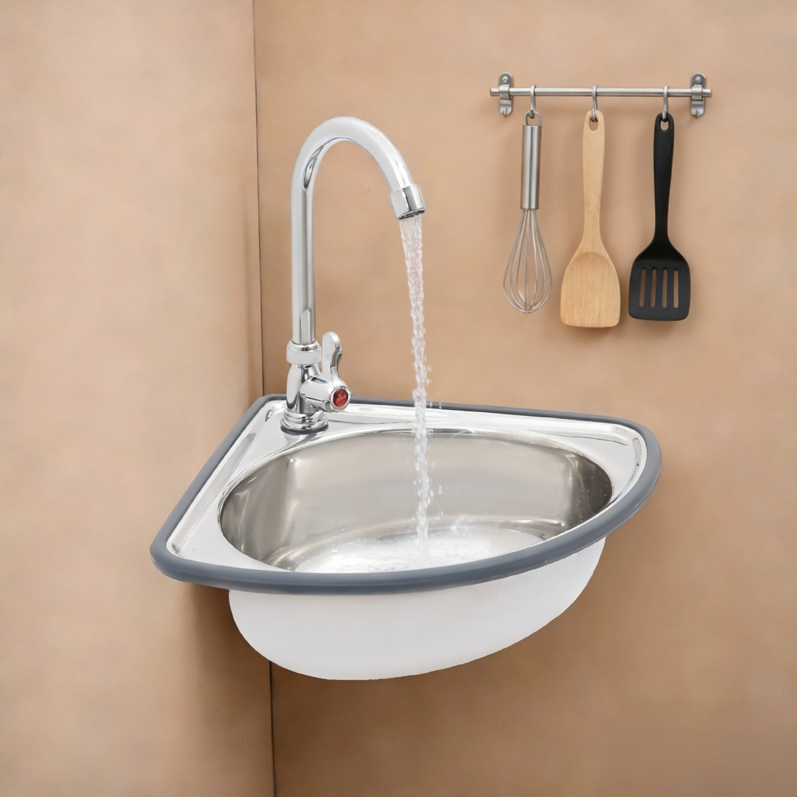 Triangle Corner Sink, Wall Mounted Stainless Steel Washbasin with Faucet, Space Saving 17.3" X 14.6" Small Hand Wash Basin for Bathroom Kitchen Bar RV, Includes Drain Pipe & Inlet Pipe - Silver