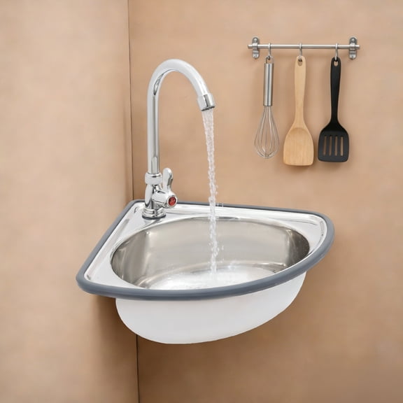 Triangle Corner Sink, Wall Mounted Stainless Steel Washbasin with Faucet, Space Saving 17.3" X 14.6" Small Hand Wash Basin for Bathroom Kitchen Bar RV, Includes Drain Pipe & Inlet Pipe - Silver
