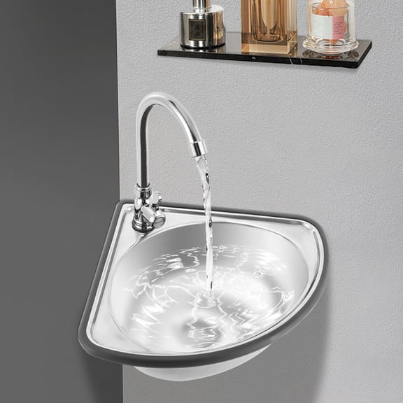 Triangle Corner Sink, Wall Mounted Stainless Steel Washbasin with Faucet, Space Saving 17.3" X 14.6" Small Hand Wash Basin for Bathroom Kitchen Bar RV, Includes Drain Pipe & Inlet Pipe - Silver
