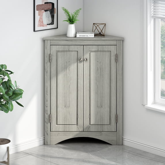 Triangle Corner Storage Cabinet with 3-Tier Adjustable Shelves and Two Doors - Space Saving Oak Freestanding Organizer for Bathroom and Living Room