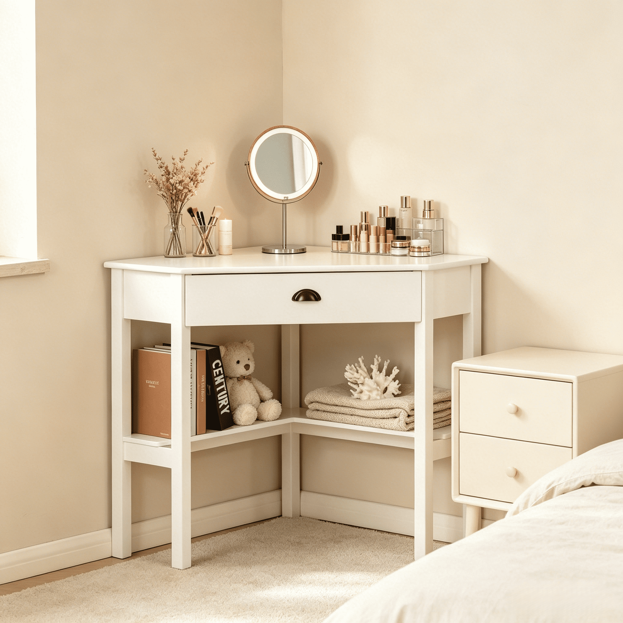 Triangle Corner Vanity Desk, P2 MDF Space Saving Dressing Table with Drawer & Open Storage Shelves, Multi-Functional Corner Computer Writing Table for Bedroom Living Room Apartment