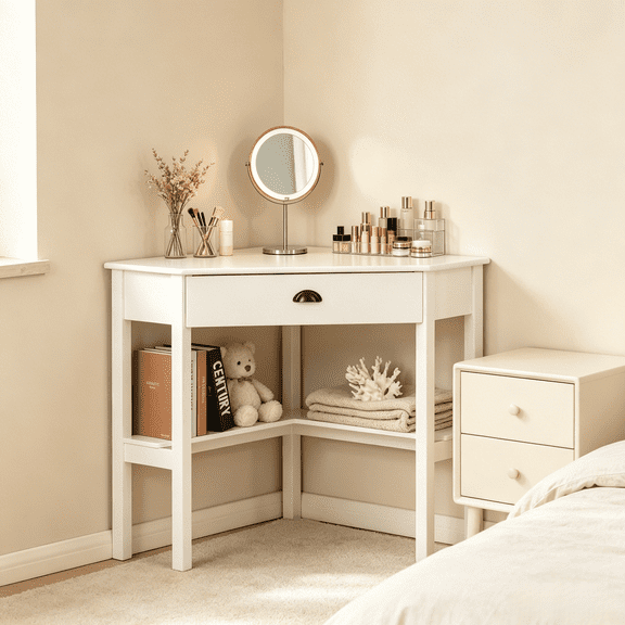 Triangle Corner Vanity Desk, P2 MDF Space Saving Dressing Table with Drawer & Open Storage Shelves, Multi-Functional Corner Computer Writing Table for Bedroom Living Room Apartment