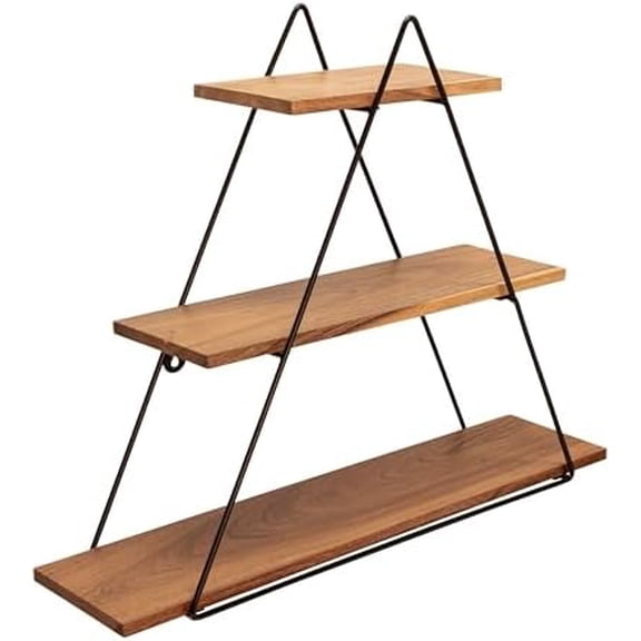 Triangle Decorative Wall Shelf – 3-Tier Metal & Wood Home Decor Floating Display Shelf – Modern Wall Shelves for Bathroom, Bedroom & Living Room – Brown & Black, 20"