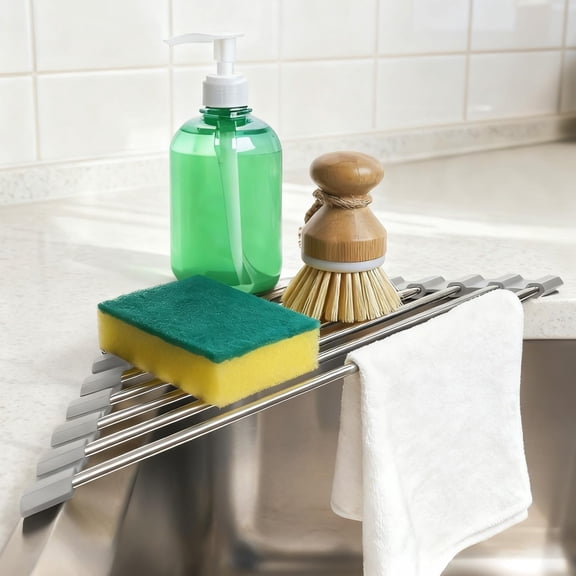 Triangle Dish Drying Rack, Corner Sink Caddy, Over The Sink Corner Drainer with Sponge Holder | Foldable, Non-Slip Stainless Steel for Kitchen Sink | Space Saving Design