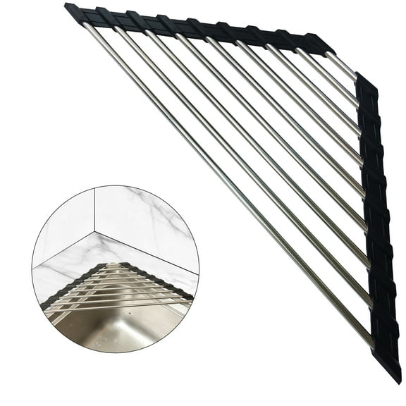 Triangle Dish Drying Rack for Sink Corner Roll Up Dish Drying Rack Folding Stainless Steel Multipurpose Over The Sink Corner Dish Drainer Mat for Kitchen（Black）