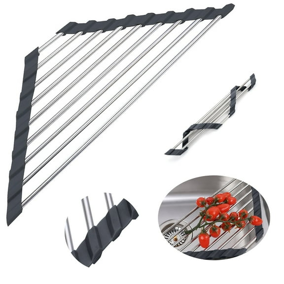 Triangle Dish Drying Rack for Sink Corner - Foldable Stainless Steel Over-the-Sink Drainer Mat with Roll-Up Design - Black