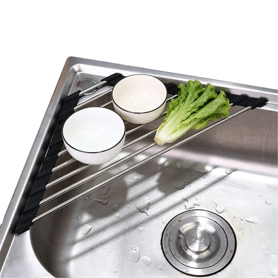 Triangle Dish Drying Rack for Sink Corner, Roll Up Folding Stainless Steel Multipurpose Over The Sink Dish Drainer Mat for Kitchen (Black)