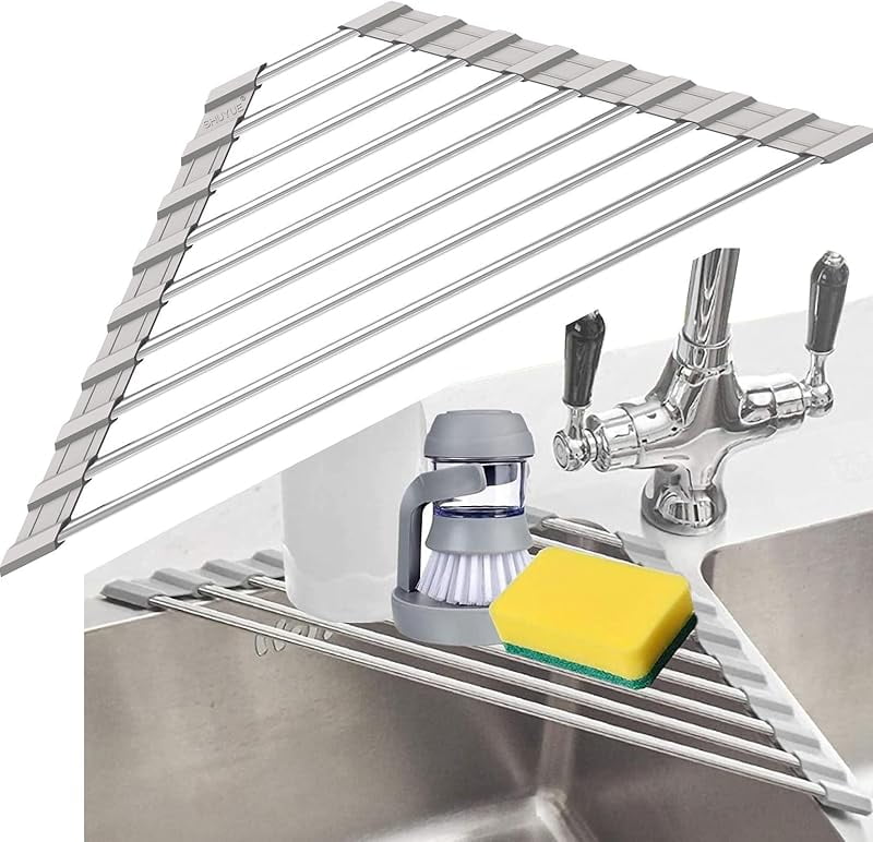 Triangle Dish Drying Rack for Sink Corner Roll Up Folding Stainless ...