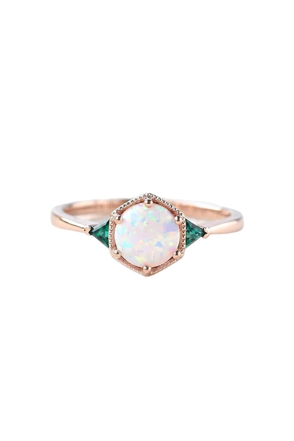 Triangle Emerald Gemstone Ring, Natural Opal & Emerald Ring, Opal Ring, October Birthstone, Womens Ring, Gold Micron Ring, 925 Sterling Silver, Dainty Ring, Minimal Stackable Ring