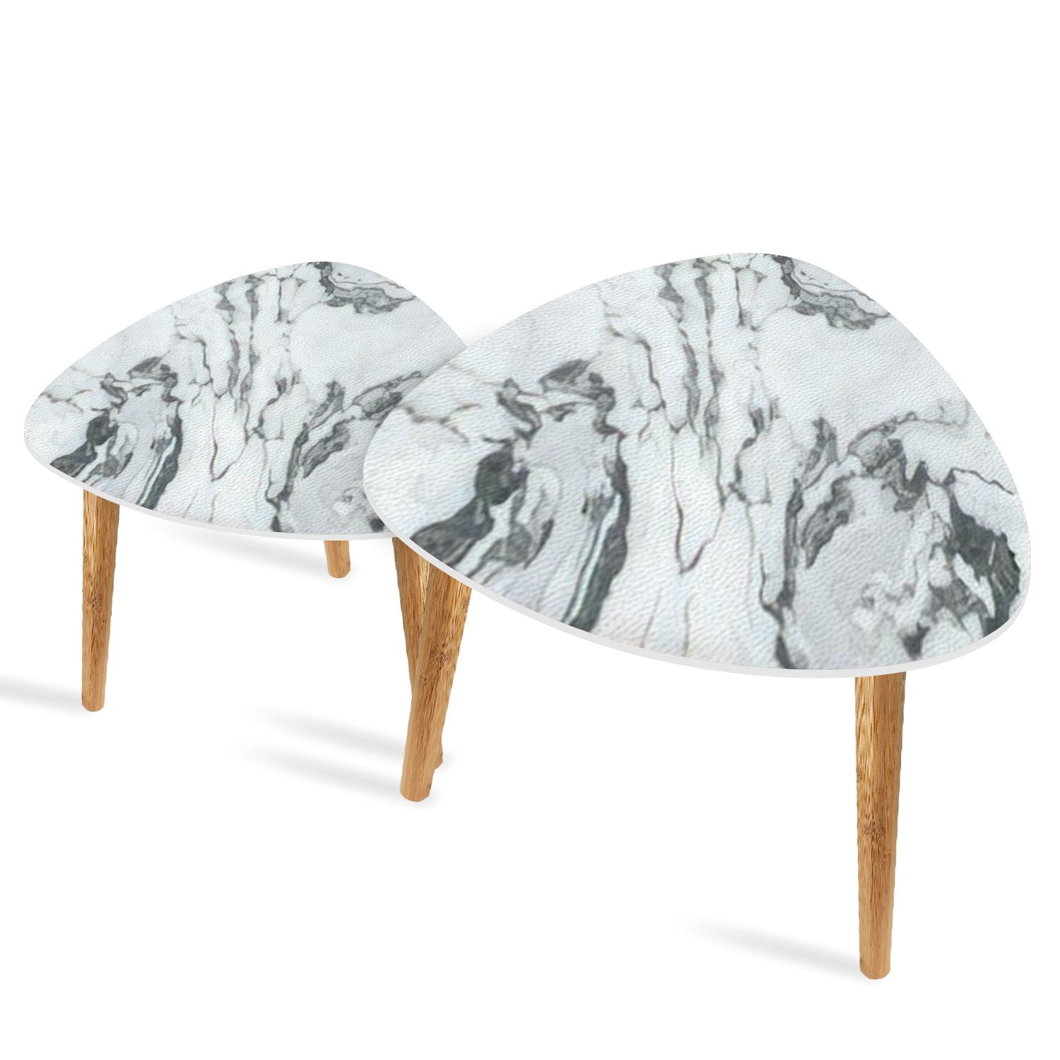 Triangle End Tables Set of 2 White marble pattern curly grey black ...