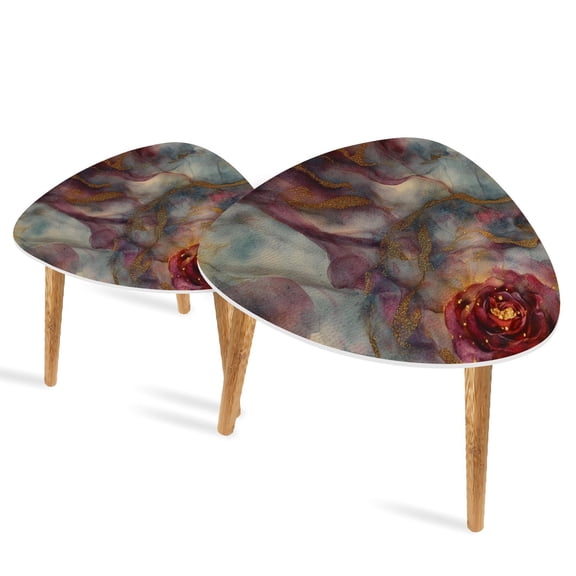 Triangle End Tables Set of 2 Abstract Watercolor Rose Print Gold Glitter Small Coffee Table, Tea Table, Nesting Tables for Living Room