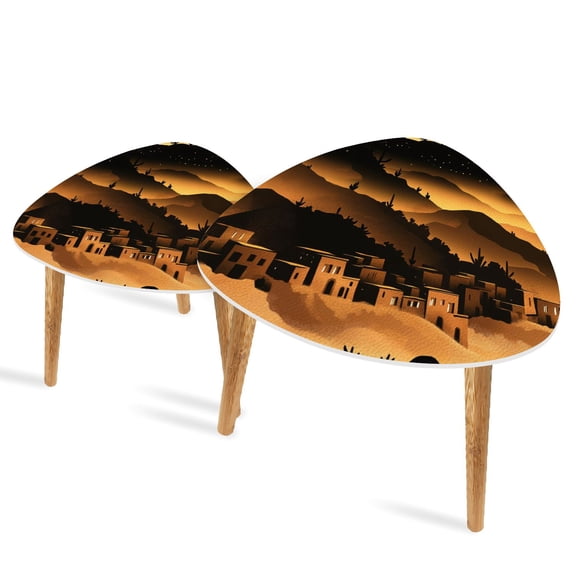 Triangle End Tables Set of 2 Ancient Village Silhouette Against Sunrise Art Small Coffee Table, Tea Table, Nesting Tables for Living Room
