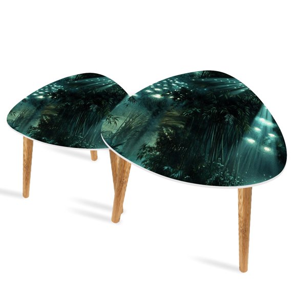 Triangle End Tables Set of 2 Bamboo Forest Ink Art Ethereal Glow Small Coffee Table, Tea Table, Nesting Tables for Living Room