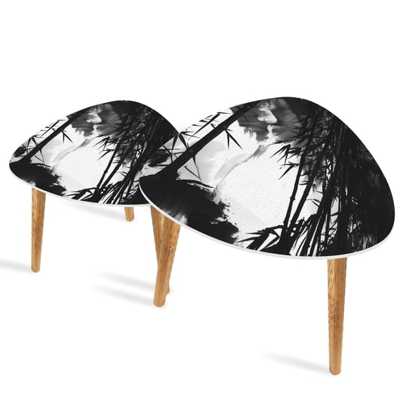 Triangle End Tables Set of 2 Bamboo Forest Ink Painting Full Moon Serenity Small Coffee Table, Tea Table, Nesting Tables for Living Room