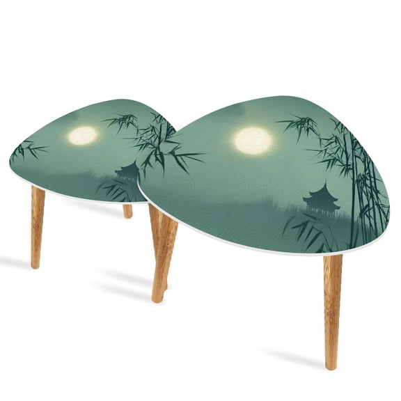 Triangle End Tables Set of 2 Bamboo Forest Ink Wash Painting Small Coffee Table, Tea Table, Nesting Tables for Living Room