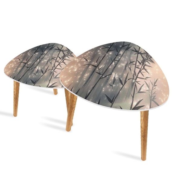 Triangle End Tables Set of 2 Bamboo Forest Minimalist Ink Art Print Small Coffee Table, Tea Table, Nesting Tables for Living Room