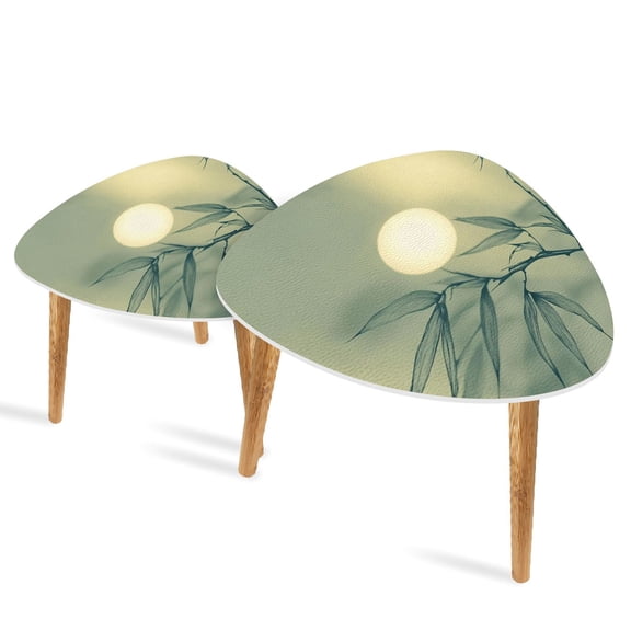 Triangle End Tables Set of 2 Bamboo Leaves Ink Drawing Small Coffee Table, Tea Table, Nesting Tables for Living Room