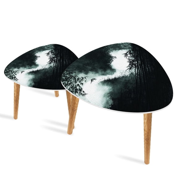 Triangle End Tables Set of 2 Bamboo Path Ethereal Ink Art Small Coffee Table, Tea Table, Nesting Tables for Living Room