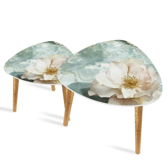 Triangle End Tables Set of 2 Blush Pink Rose Watercolor With Ethereal Blue Small Coffee Table, Tea Table, Nesting Tables for Living Room