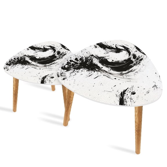 Triangle End Tables Set of 2 Bold Strokes Abstract Ink Art Storm White Canvas Small Coffee Table, Tea Table, Nesting Tables for Living Room