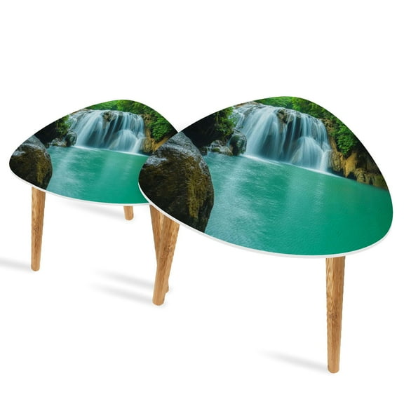 Triangle End Tables Set of 2 Breathtaking green waterfall tropical rain forest Small Coffee Table, Tea Table, Nesting Tables for Living Room