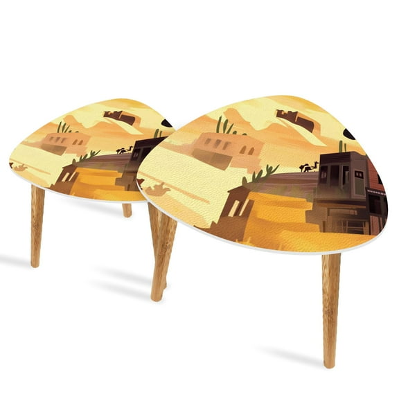 Triangle End Tables Set of 2 Bustling Western Town Sunrise Community Artwork Small Coffee Table, Tea Table, Nesting Tables for Living Room