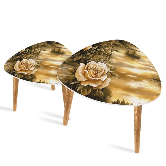 Triangle End Tables Set of 2 Classic English Garden Art Glitter Highlighted Small Coffee Table, Tea Table, Nesting Tables for Living Room