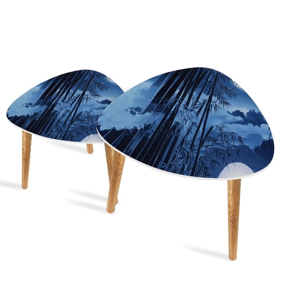 Triangle End Tables Set of 2 Classic Ink Art Nighttime Bamboo Forest Full Moon Small Coffee Table, Tea Table, Nesting Tables for Living Room