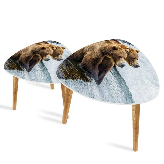 Triangle End Tables Set of 2 Coastal Brown Bear Fishing Katmai Small Coffee Table, Tea Table, Nesting Tables for Living Room