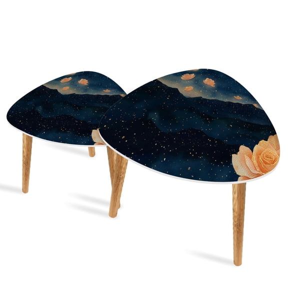 Triangle End Tables Set of 2 Cosmic Watercolor Rose Night Sky Glitter Canvas Small Coffee Table, Tea Table, Nesting Tables for Living Room
