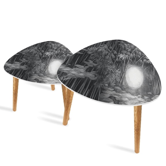 Triangle End Tables Set of 2 Detailed Bamboo Forest Drawing Celestial Moonlight Small Coffee Table, Tea Table, Nesting Tables for Living Room