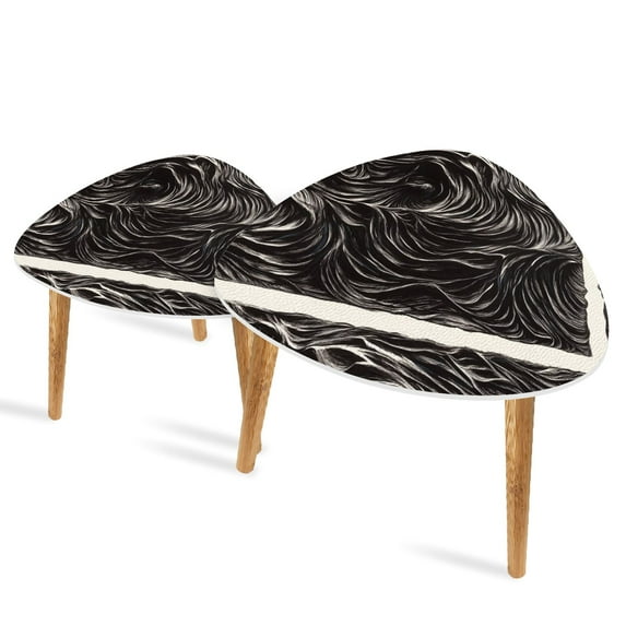 Triangle End Tables Set of 2 Emotive Ocean Black White Line Art Print Small Coffee Table, Tea Table, Nesting Tables for Living Room