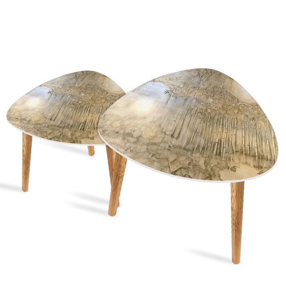 Triangle End Tables Set of 2 Ethereal Bamboo Landscape Ink Wash Under Moon Small Coffee Table, Tea Table, Nesting Tables for Living Room