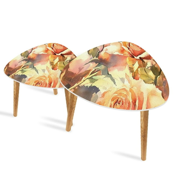 Triangle End Tables Set of 2 Ethereal English Garden Painting Glittering Rose Small Coffee Table, Tea Table, Nesting Tables for Living Room