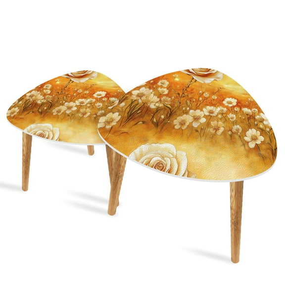 Triangle End Tables Set of 2 Evocative Scene Solitary Rose Blossoms Glitter Small Coffee Table, Tea Table, Nesting Tables for Living Room