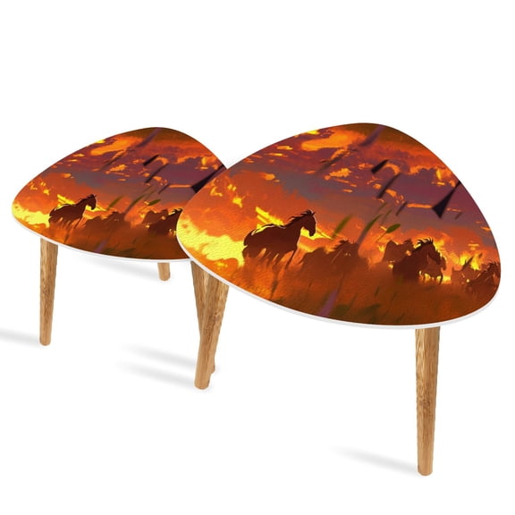 Triangle End Tables Set of 2 Fiery Sky Prairie Horses Illustration Small Coffee Table, Tea Table, Nesting Tables for Living Room