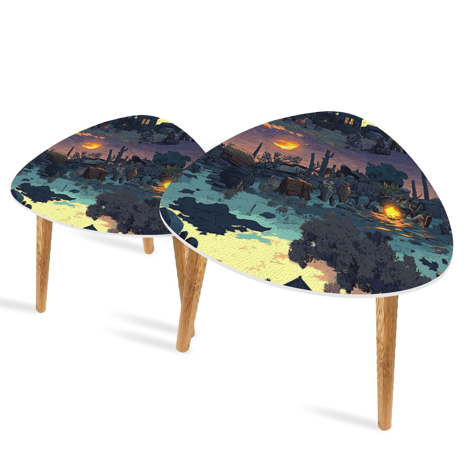 Triangular Fire Table Triangle End Tables Set of 2 Fiery Sunset Stone Circle Western Camp ...